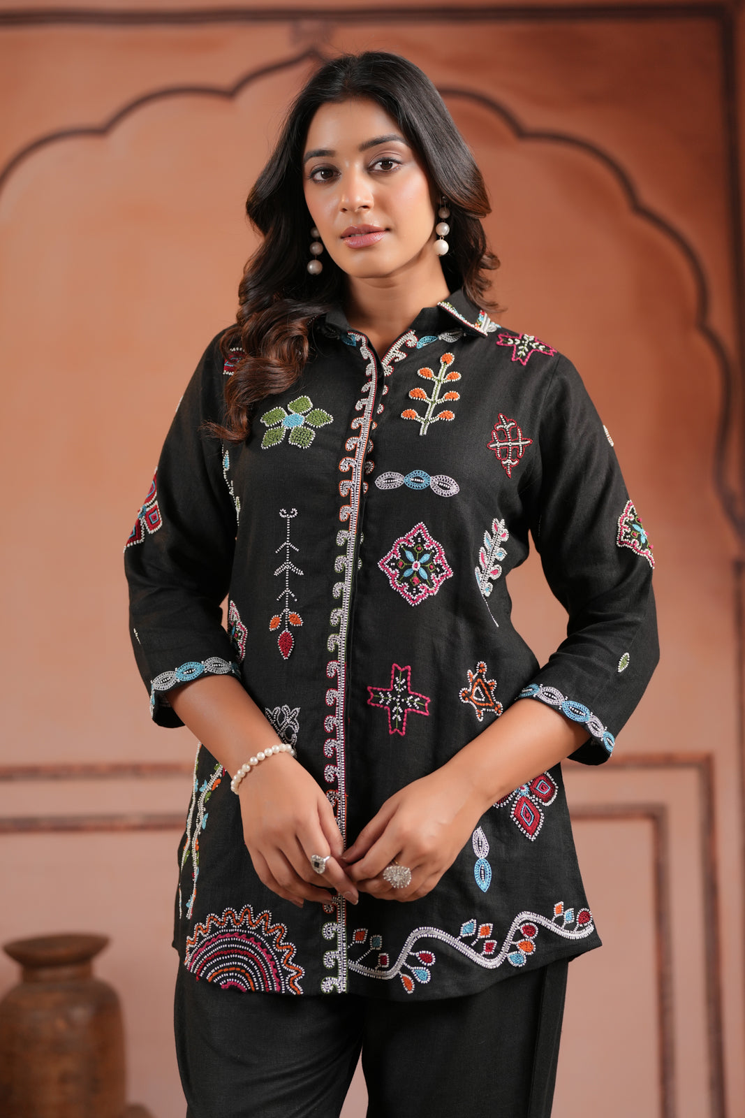 Black Cotton Collared Tunic Top With Multi Colour Embroidery And Straight Cut Pant