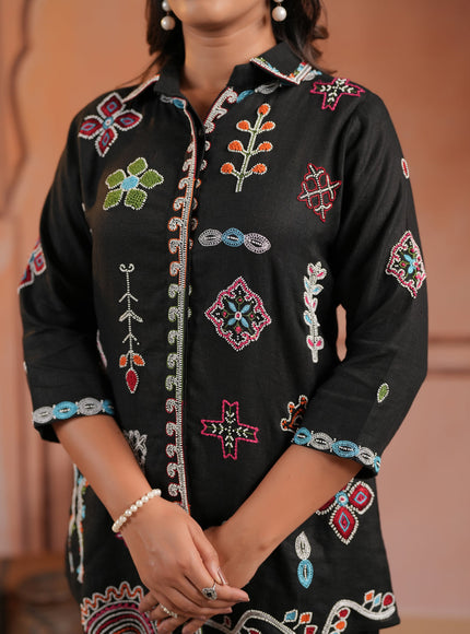 Black Cotton Collared Tunic Top With Multi Colour Embroidery And Straight Cut Pant
