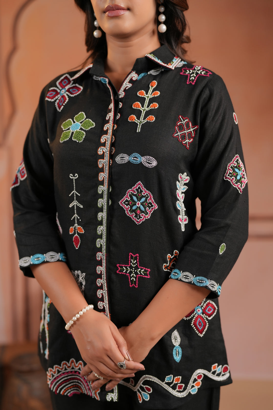 Black Cotton Collared Tunic Top With Multi Colour Embroidery And Straight Cut Pant