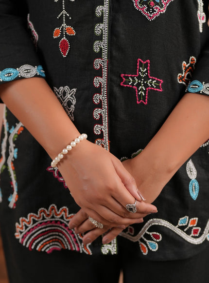 Black Cotton Collared Tunic Top With Multi Colour Embroidery And Straight Cut Pant