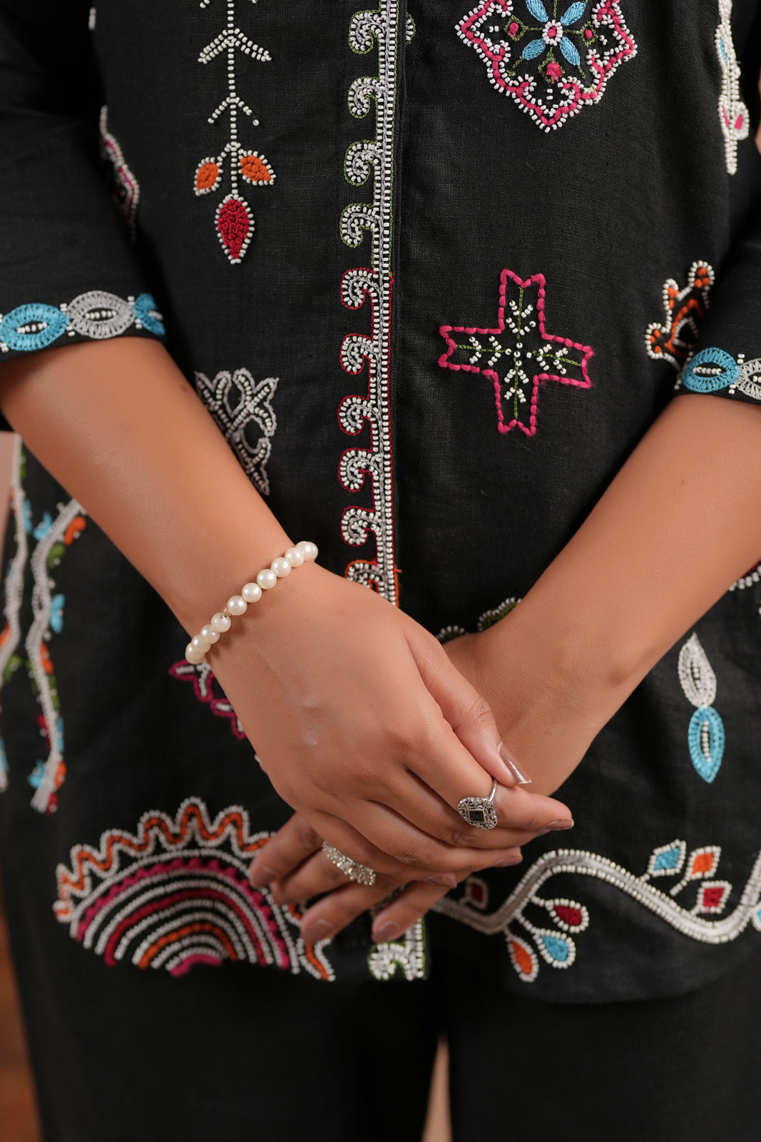 Black Cotton Collared Tunic Top With Multi Colour Embroidery And Straight Cut Pant