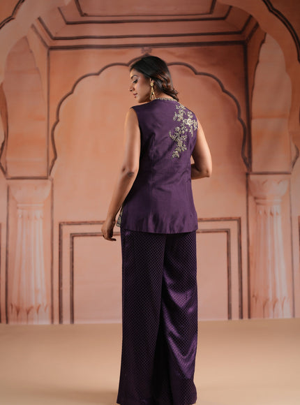 Purple Satin Crepe Indo Western Sleeveless Outfit Intricate Embroidery & Wide-Leg Pant