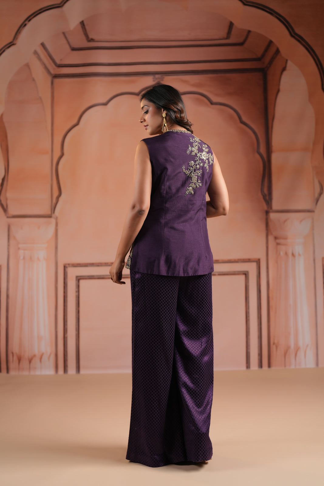 Purple Satin Crepe Indo Western Sleeveless Outfit Intricate Embroidery & Wide-Leg Pant