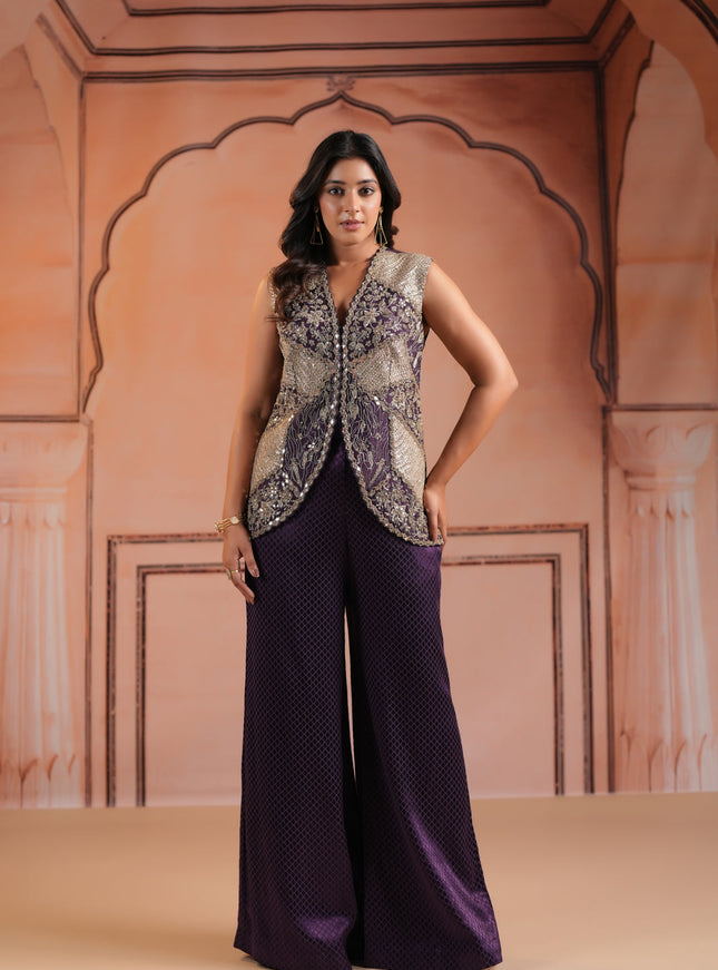 Purple Satin Crepe Indo Western Sleeveless Outfit Intricate Embroidery & Wide-Leg Pant
