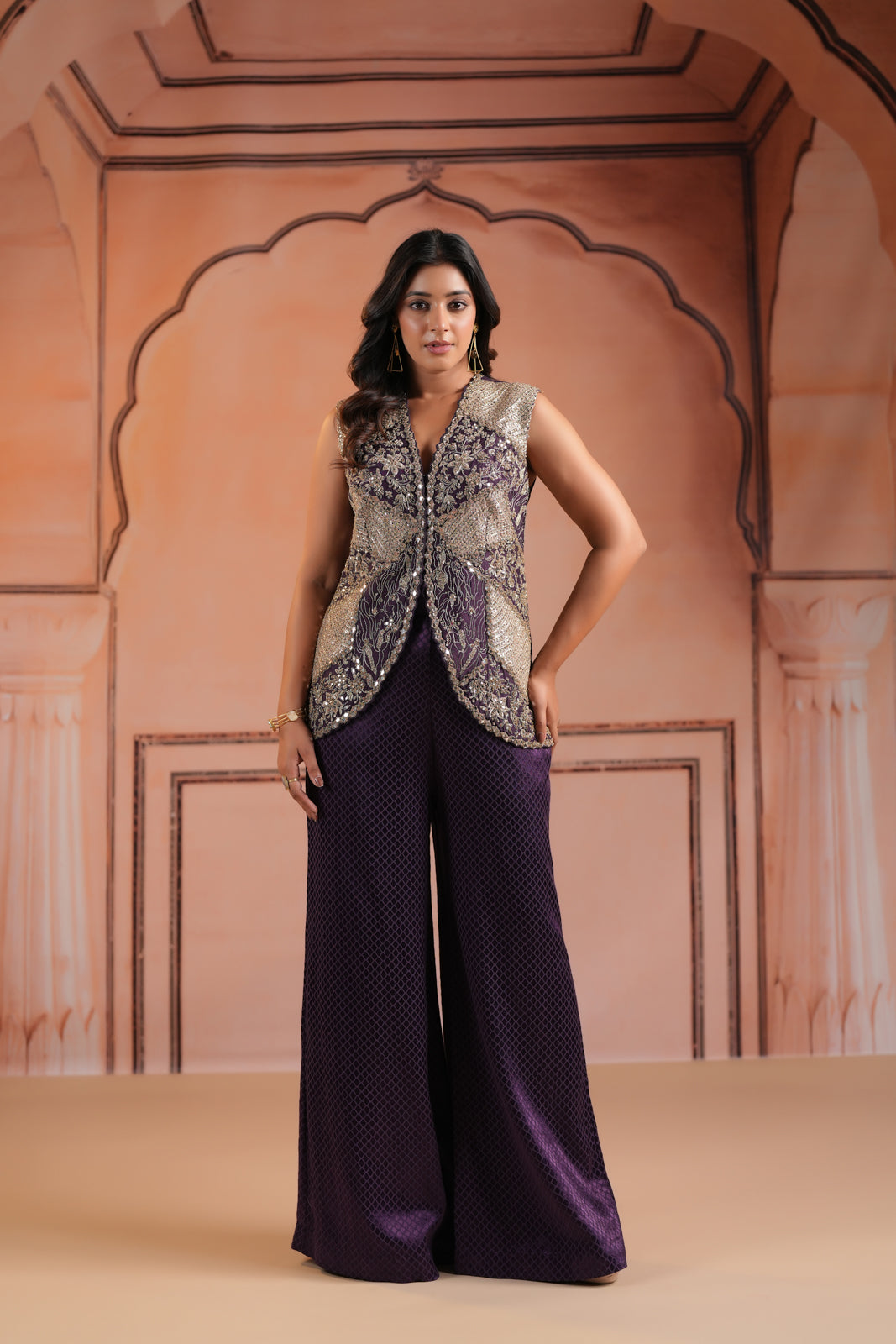 Purple Satin Crepe Indo Western Sleeveless Outfit Intricate Embroidery & Wide-Leg Pant