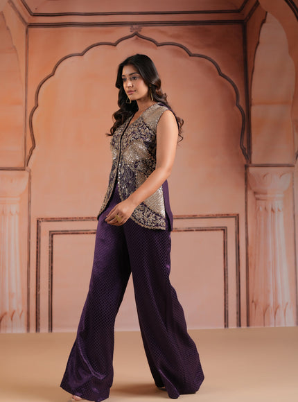 Purple Satin Crepe Indo Western Sleeveless Outfit Intricate Embroidery & Wide-Leg Pant