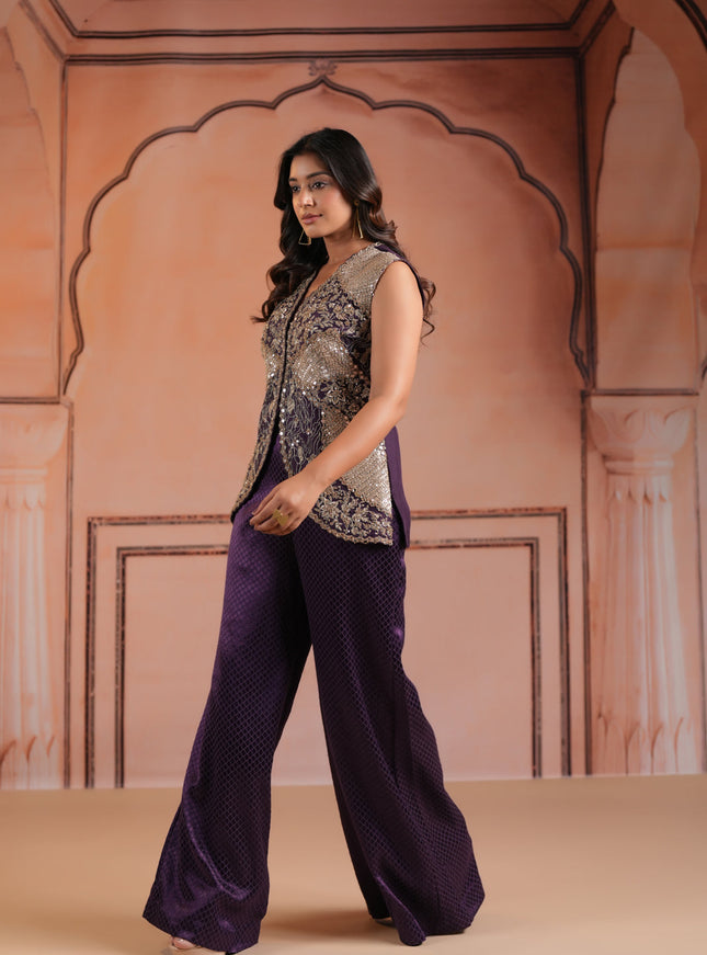 Purple Satin Crepe Indo Western Sleeveless Outfit Intricate Embroidery & Wide-Leg Pant