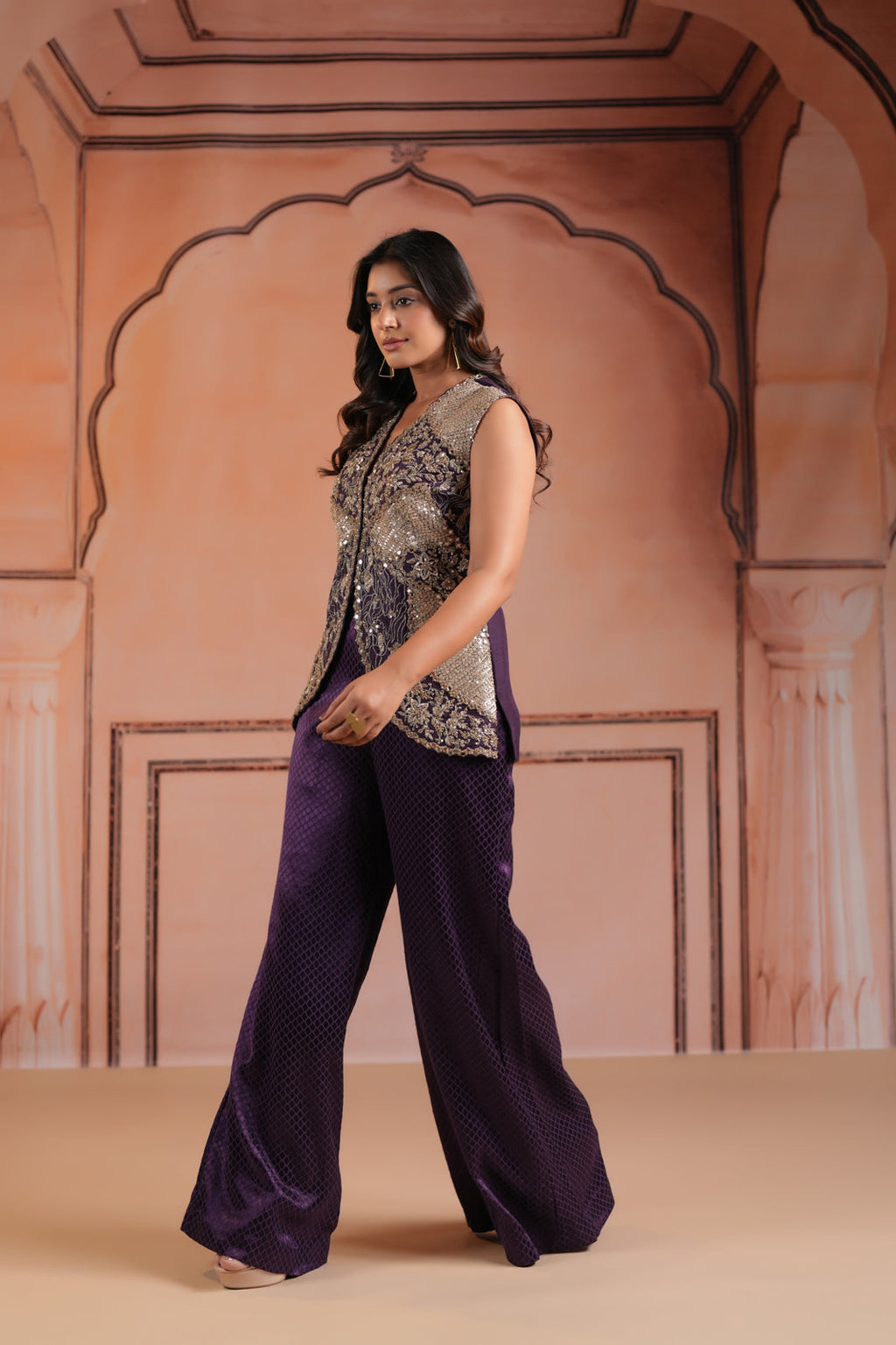 Purple Satin Crepe Indo Western Sleeveless Outfit Intricate Embroidery & Wide-Leg Pant