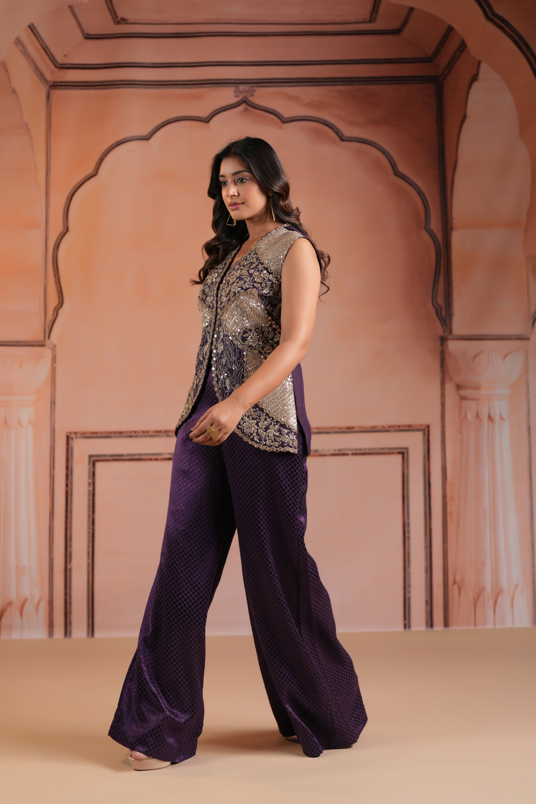 Purple Satin Crepe Indo Western Sleeveless Outfit Intricate Embroidery & Wide-Leg Pant