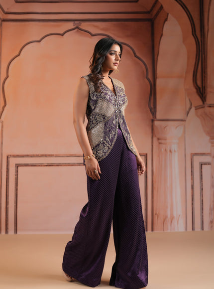 Purple Satin Crepe Indo Western Sleeveless Outfit Intricate Embroidery & Wide-Leg Pant