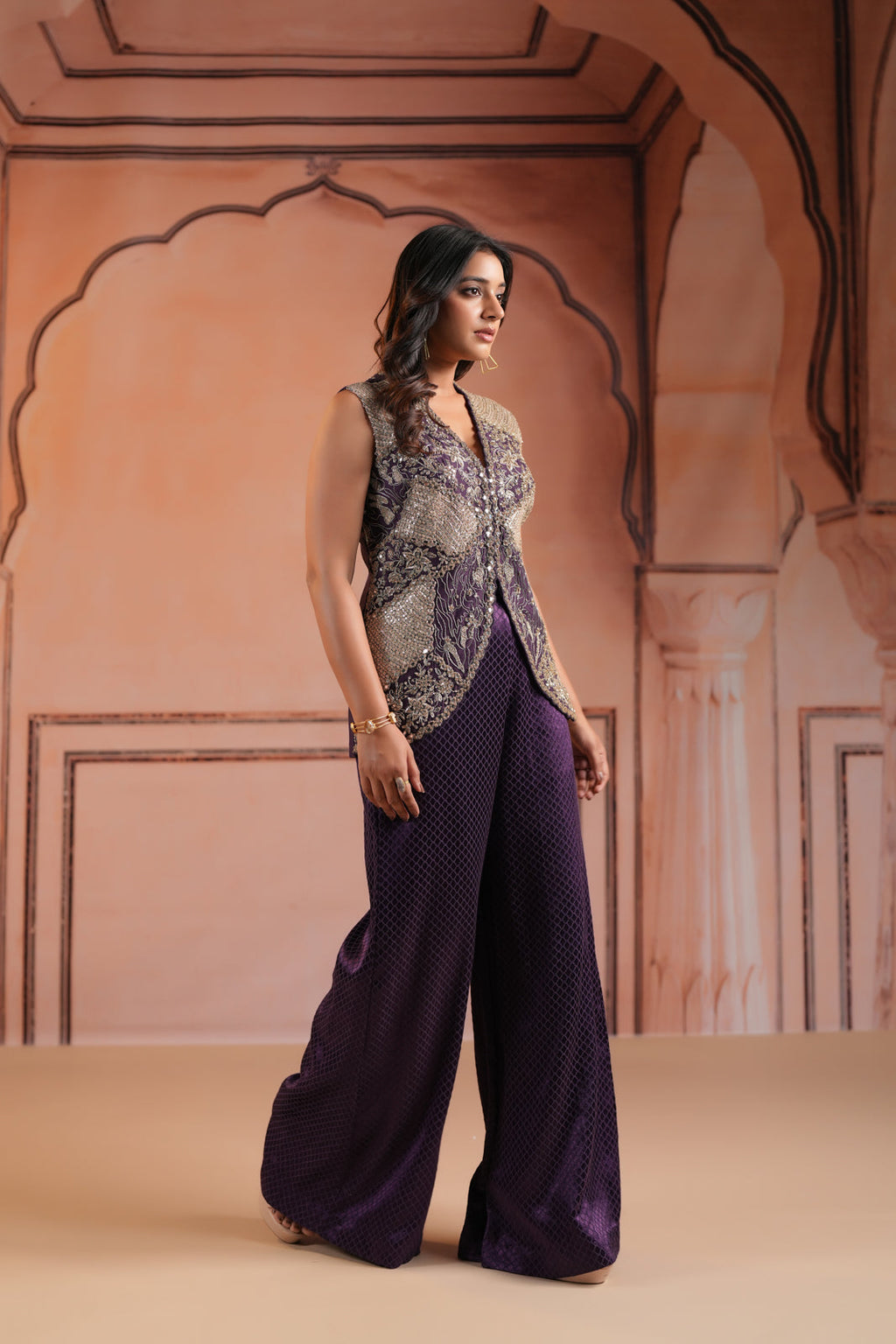 Purple Satin Crepe Indo Western Sleeveless Outfit Intricate Embroidery & Wide-Leg Pant