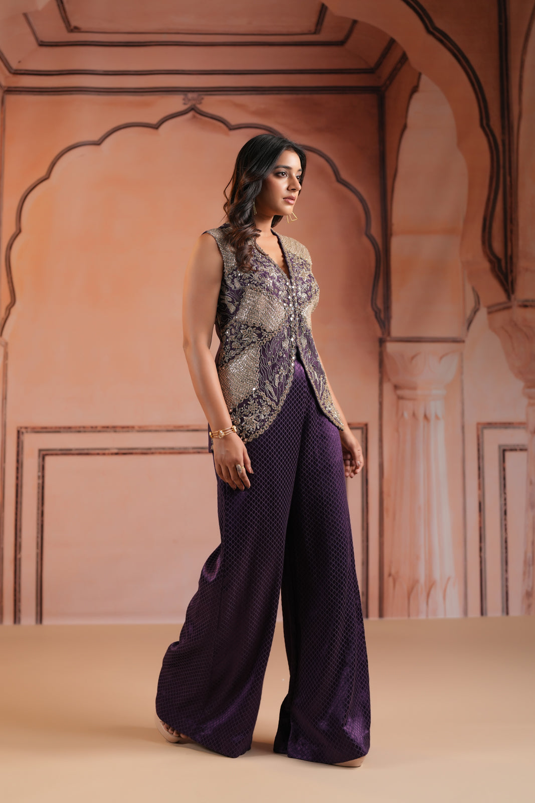 Purple Satin Crepe Indo Western Sleeveless Outfit Intricate Embroidery & Wide-Leg Pant