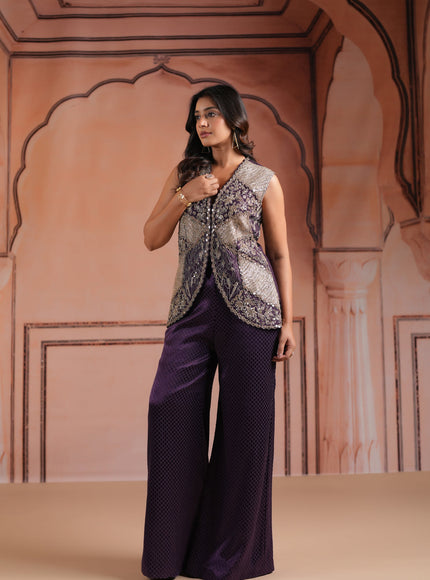 Purple Satin Crepe Indo Western Sleeveless Outfit Intricate Embroidery & Wide-Leg Pant