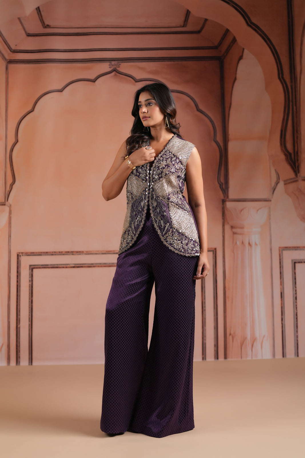 Purple Satin Crepe Indo Western Sleeveless Outfit Intricate Embroidery & Wide-Leg Pant