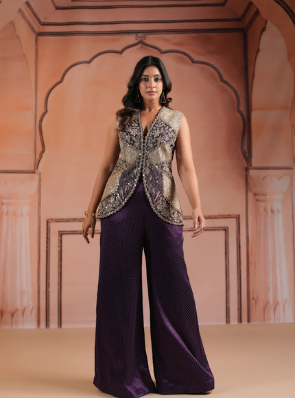 Purple Satin Crepe Indo Western Sleeveless Outfit Intricate Embroidery & Wide-Leg Pant