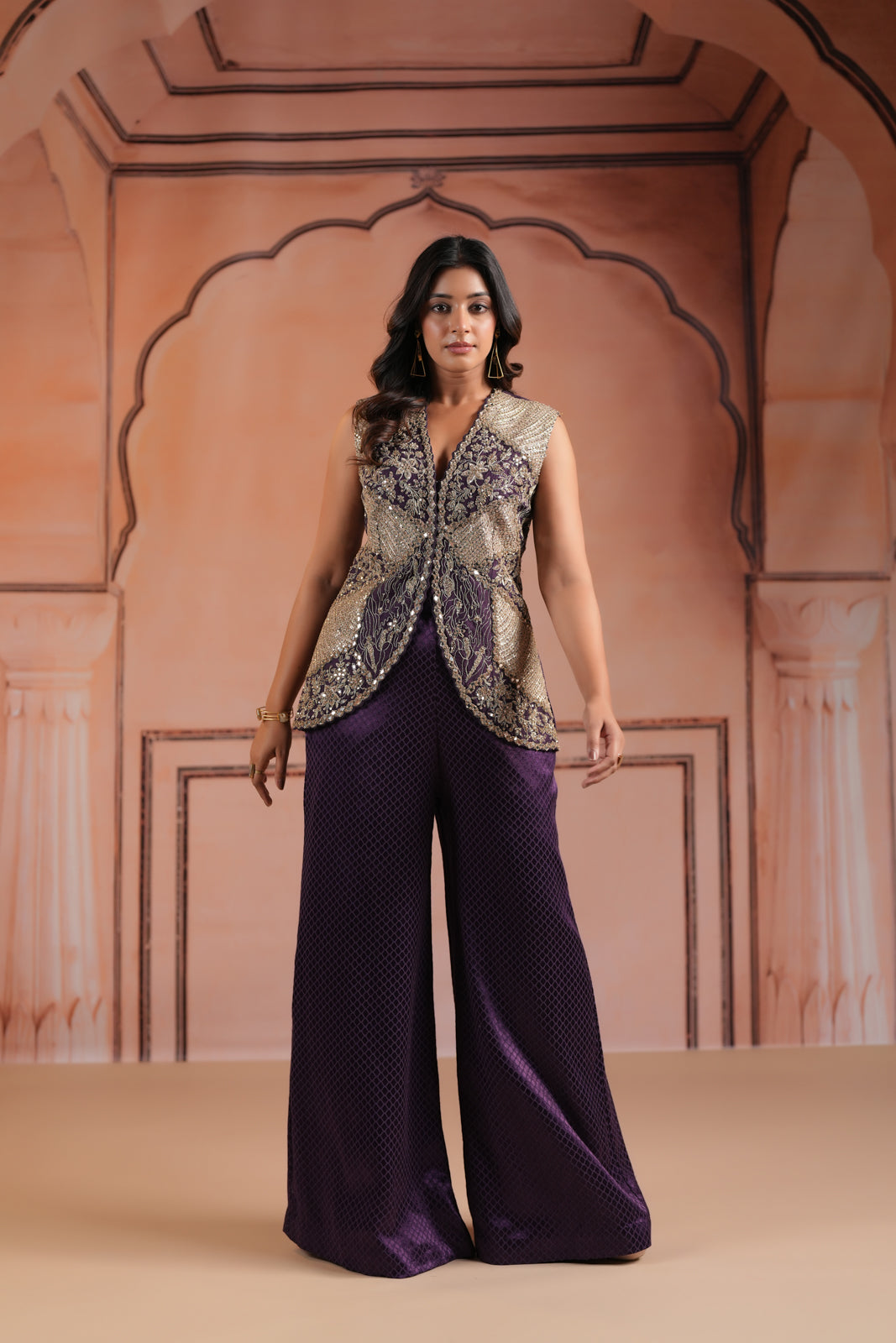 Purple Satin Crepe Indo Western Sleeveless Outfit Intricate Embroidery & Wide-Leg Pant