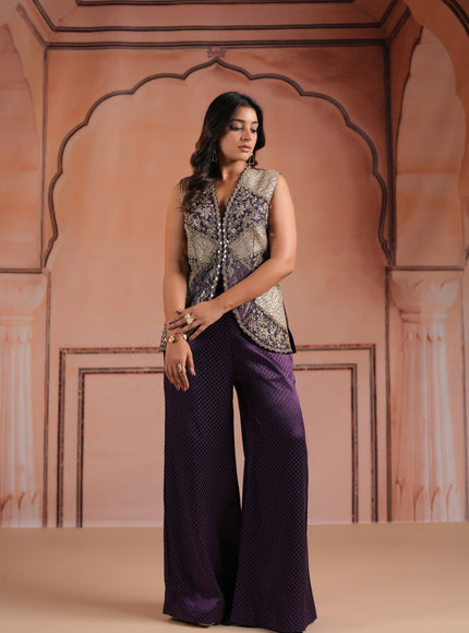 Purple Satin Crepe Indo Western Sleeveless Outfit Intricate Embroidery & Wide-Leg Pant