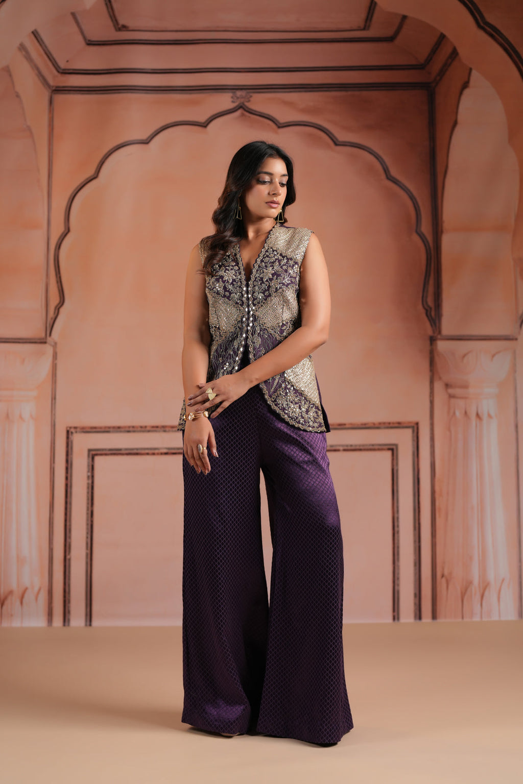 Purple Satin Crepe Indo Western Sleeveless Outfit Intricate Embroidery & Wide-Leg Pant