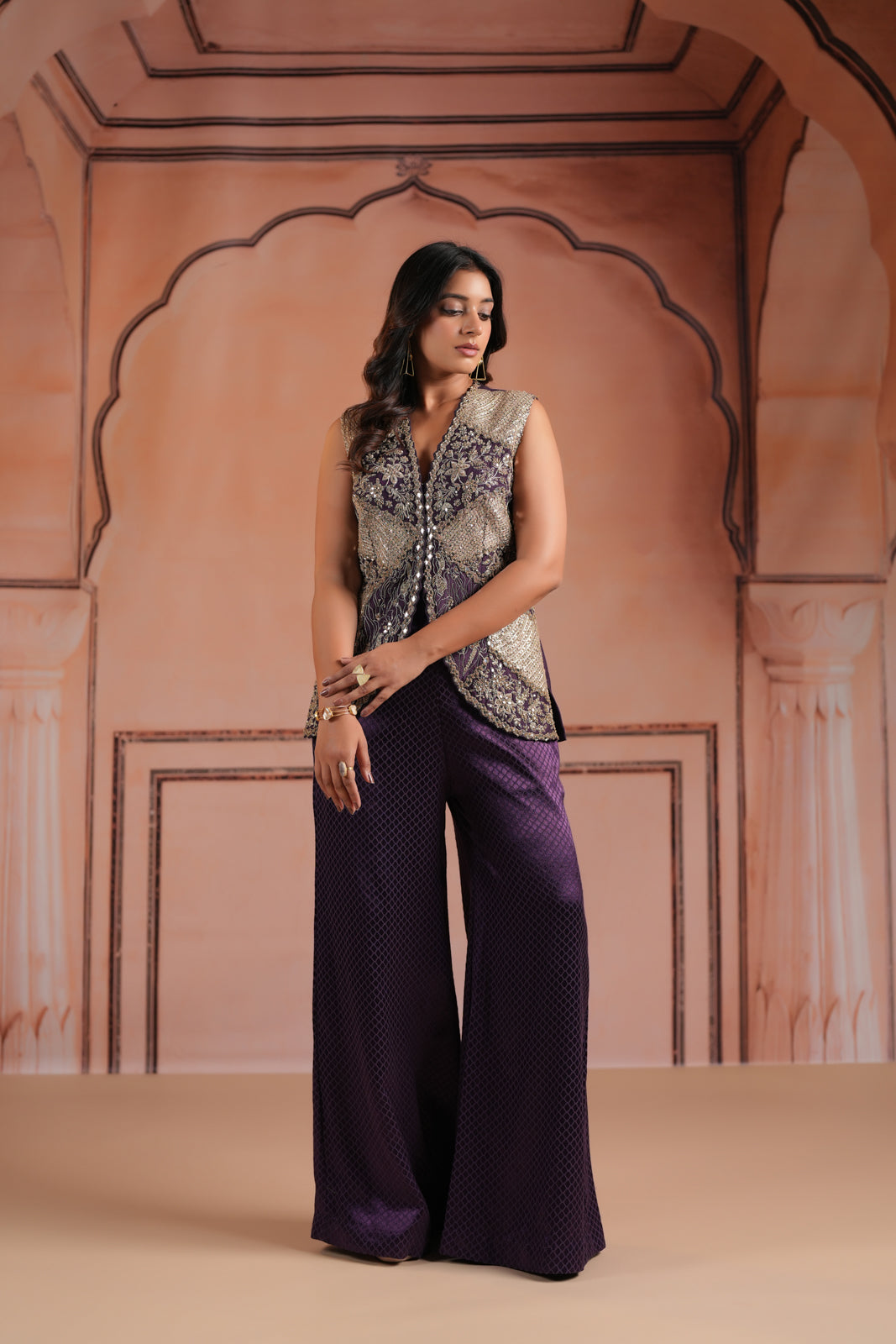 Purple Satin Crepe Indo Western Sleeveless Outfit Intricate Embroidery & Wide-Leg Pant