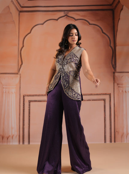 Purple Satin Crepe Indo Western Sleeveless Outfit Intricate Embroidery & Wide-Leg Pant