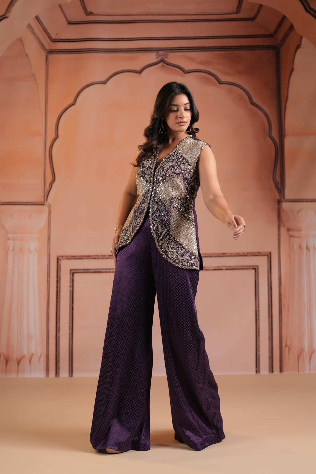 Purple Satin Crepe Indo Western Sleeveless Outfit Intricate Embroidery & Wide-Leg Pant