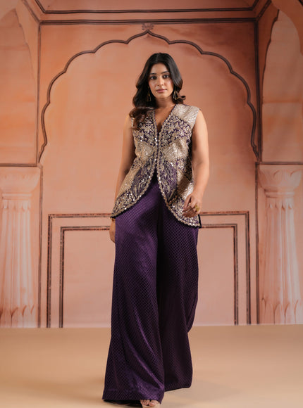 Purple Satin Crepe Indo Western Sleeveless Outfit Intricate Embroidery & Wide-Leg Pant