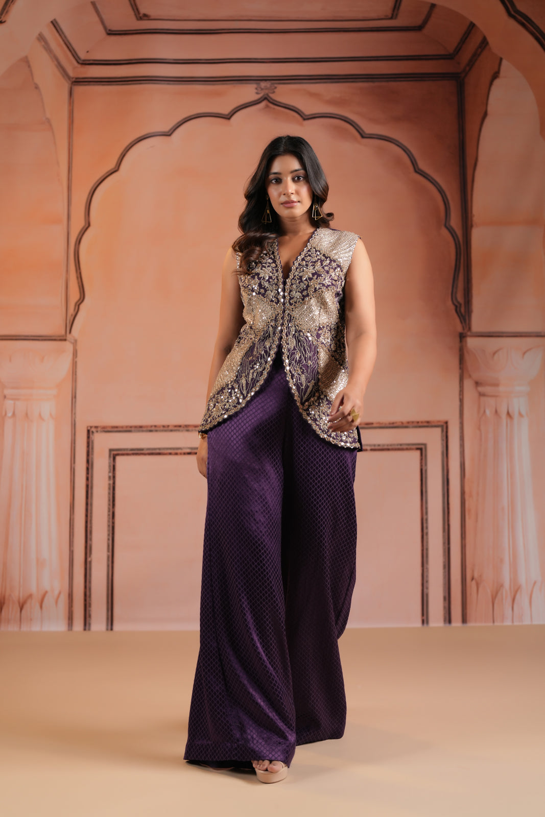 Purple Satin Crepe Indo Western Sleeveless Outfit Intricate Embroidery & Wide-Leg Pant