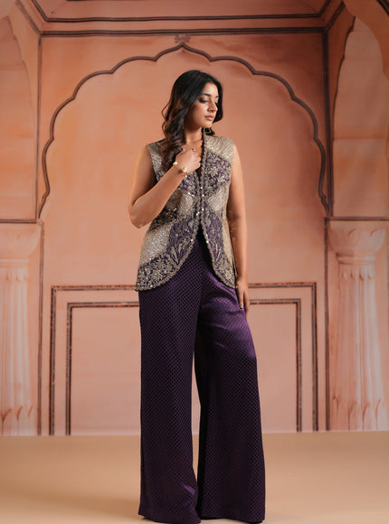 Purple Satin Crepe Indo Western Sleeveless Outfit Intricate Embroidery & Wide-Leg Pant