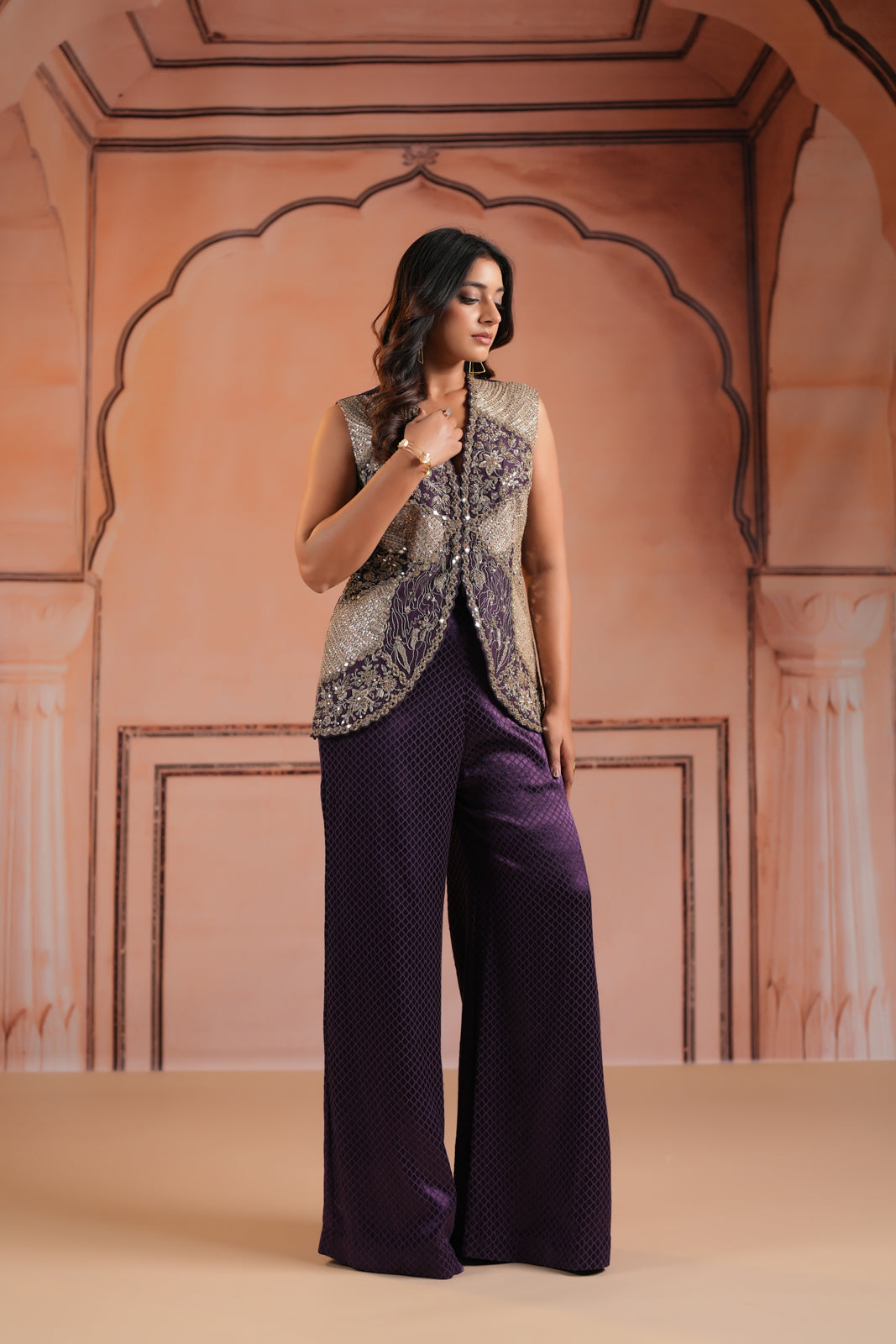 Purple Satin Crepe Indo Western Sleeveless Outfit Intricate Embroidery & Wide-Leg Pant