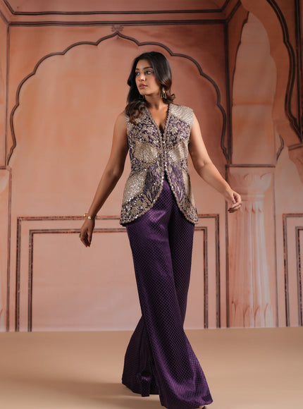 Purple Satin Crepe Indo Western Sleeveless Outfit Intricate Embroidery & Wide-Leg Pant