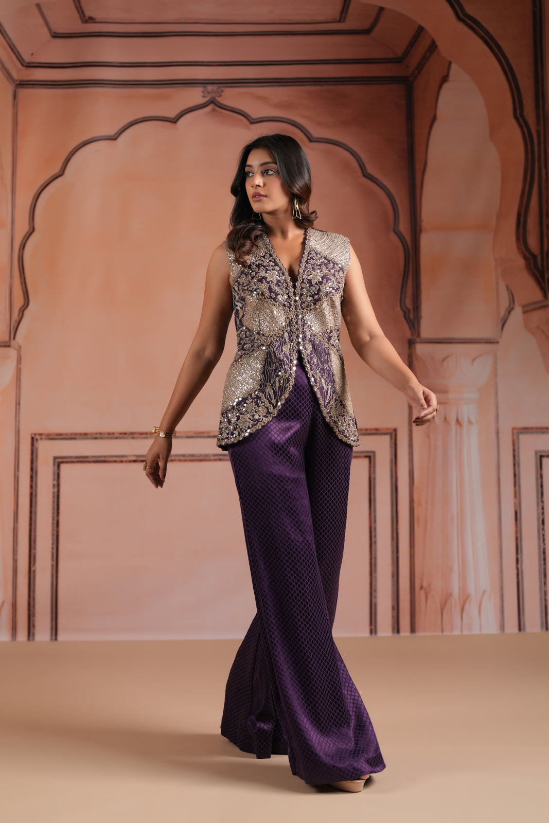 Purple Satin Crepe Indo Western Sleeveless Outfit Intricate Embroidery & Wide-Leg Pant