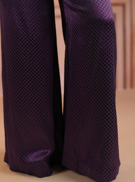 Purple Satin Crepe Indo Western Sleeveless Outfit Intricate Embroidery & Wide-Leg Pant