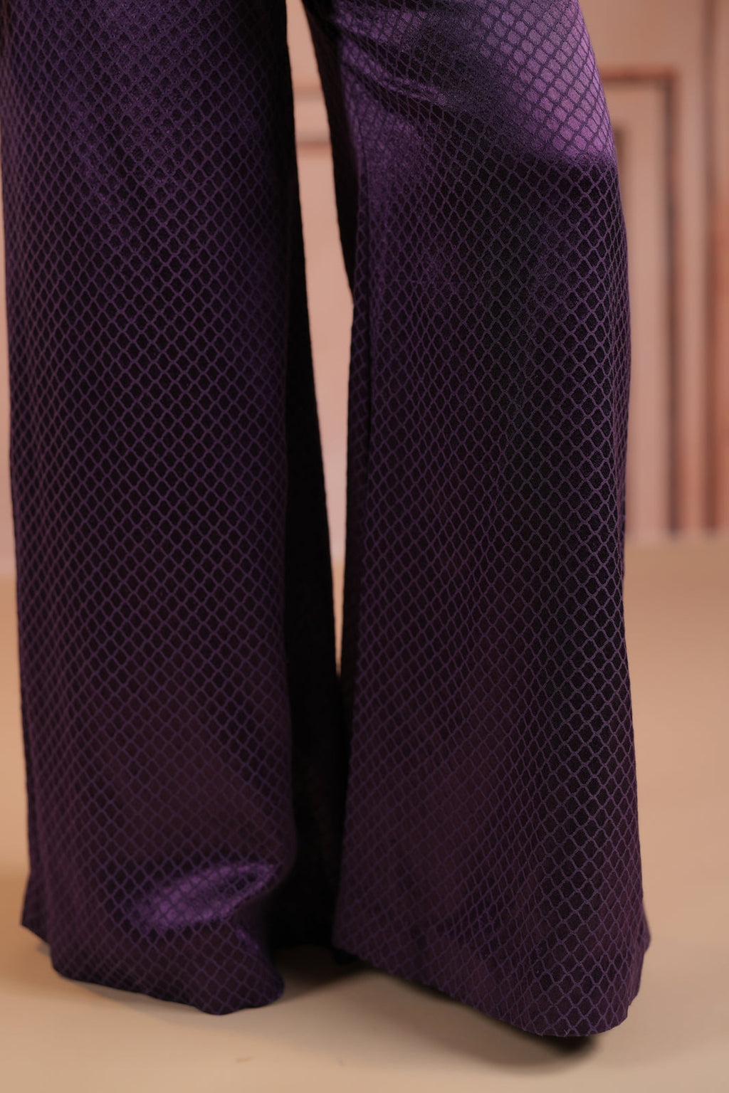 Purple Satin Crepe Indo Western Sleeveless Outfit Intricate Embroidery & Wide-Leg Pant