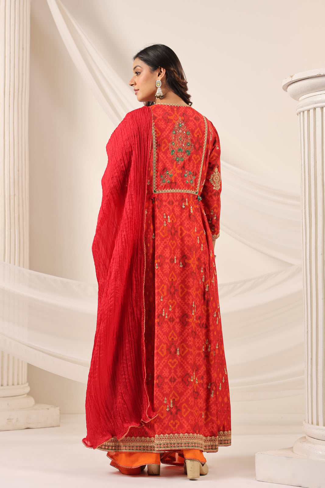 Red-Orange Raw Silk Anarkali Salwar Suit With Elegant Embroidery & Palazzo Pant
