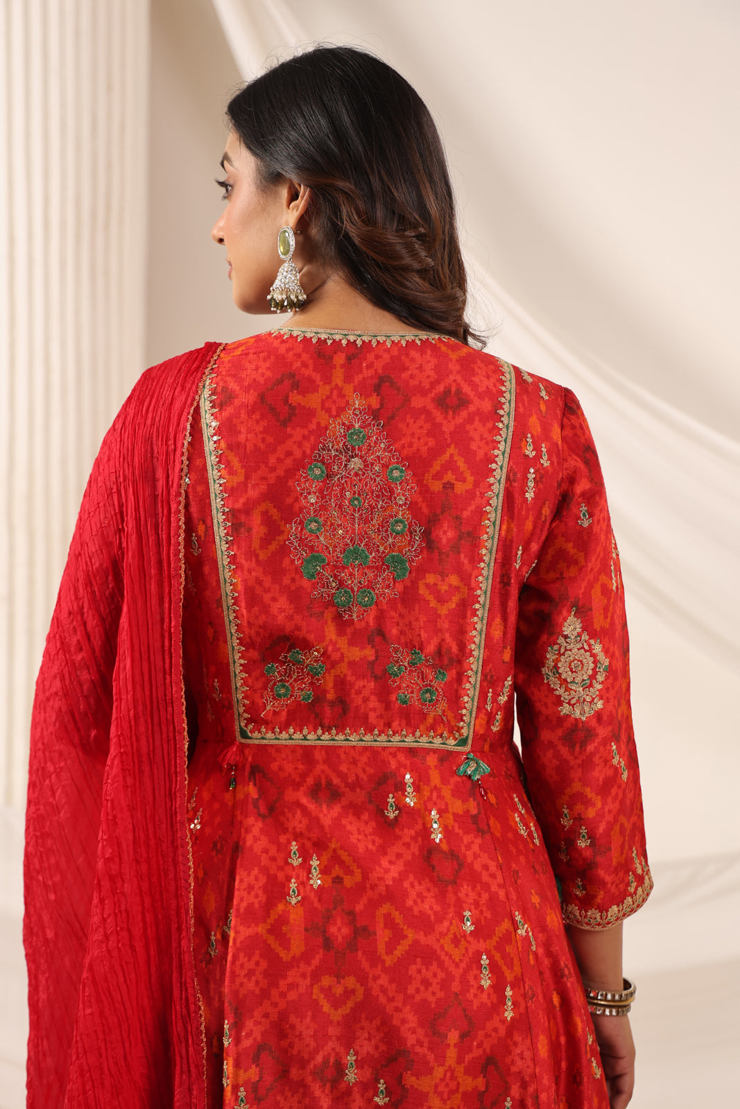 Red-Orange Raw Silk Anarkali Salwar Suit With Elegant Embroidery & Palazzo Pant