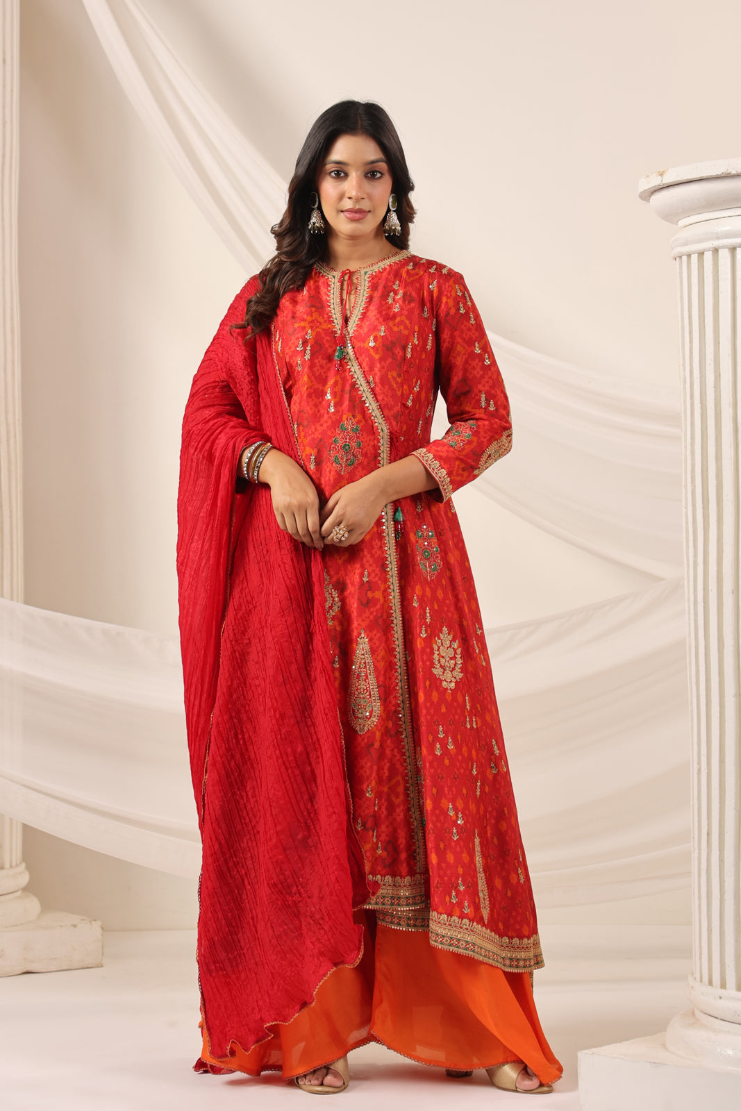 Red-Orange Raw Silk Anarkali Salwar Suit With Elegant Embroidery & Palazzo Pant