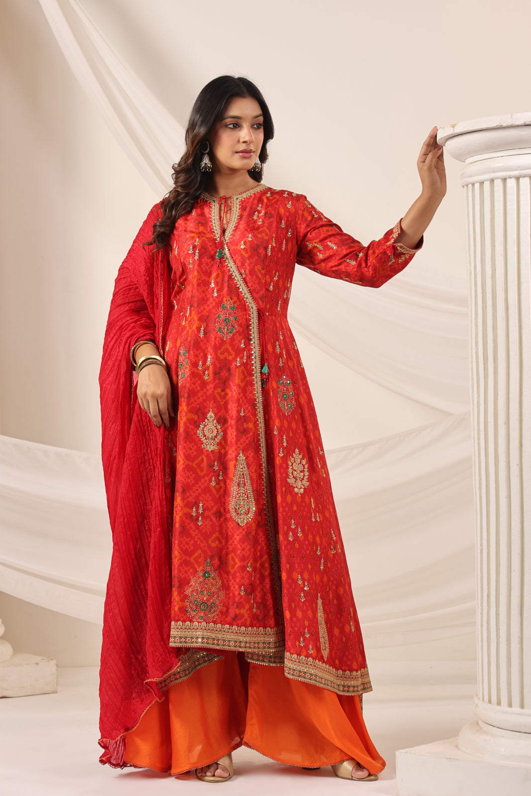 Red-Orange Raw Silk Anarkali Salwar Suit With Elegant Embroidery & Palazzo Pant