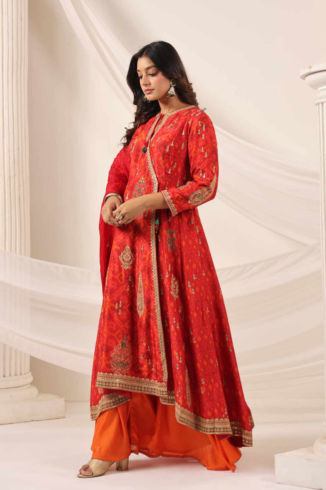 Red-Orange Raw Silk Anarkali Salwar Suit With Elegant Embroidery & Palazzo Pant