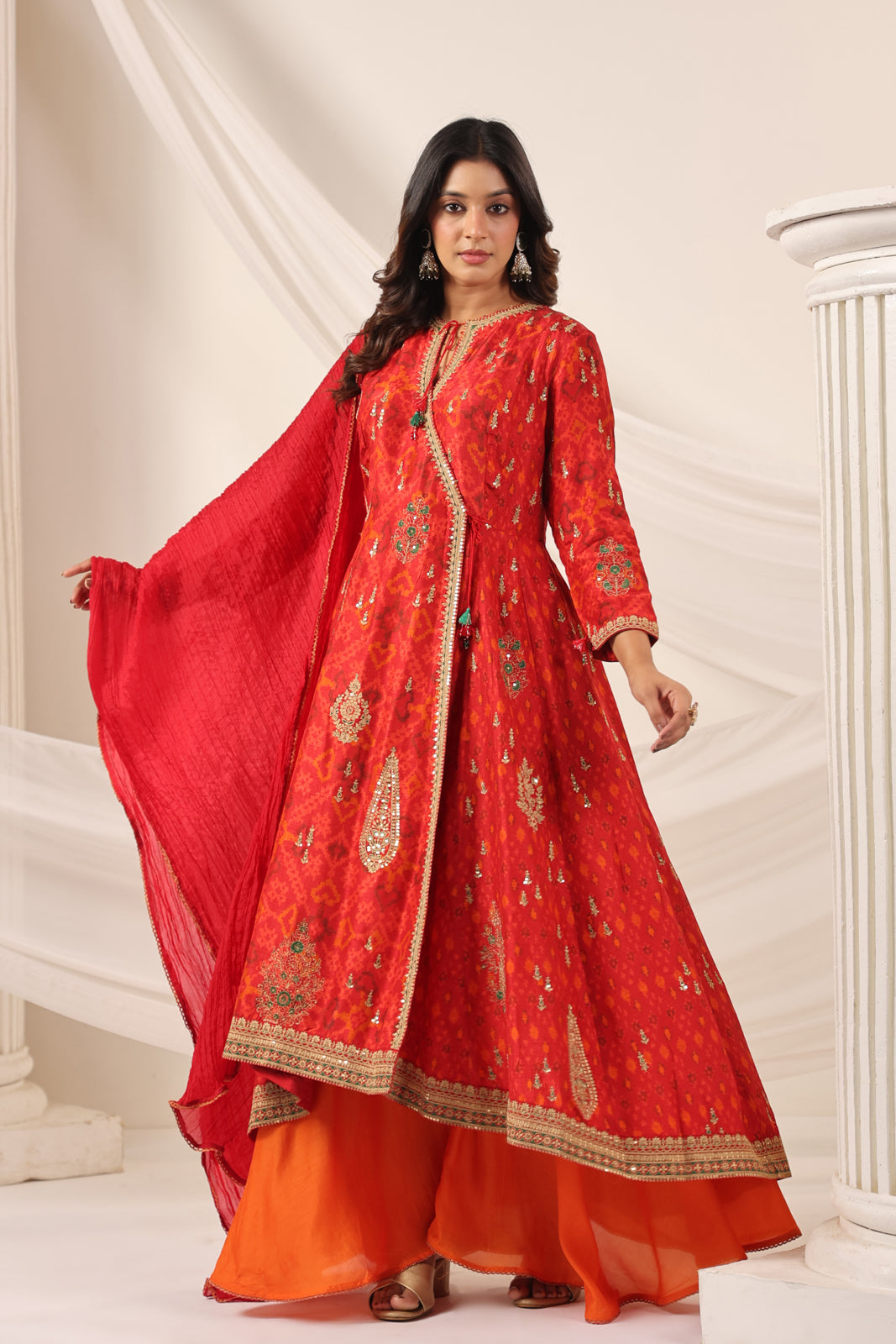 Red-Orange Raw Silk Anarkali Salwar Suit With Elegant Embroidery & Palazzo Pant