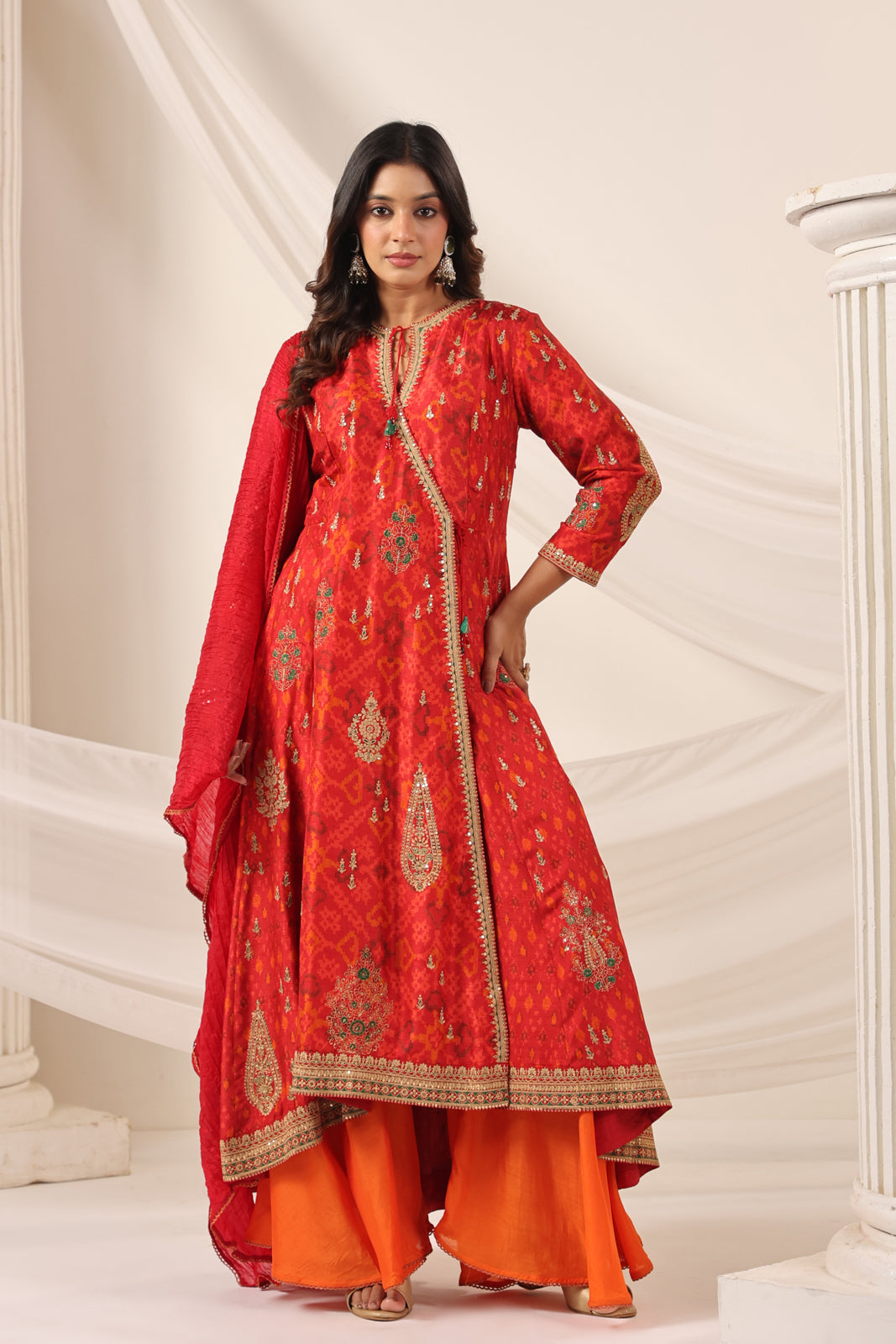 Red-Orange Raw Silk Anarkali Salwar Suit With Elegant Embroidery & Palazzo Pant