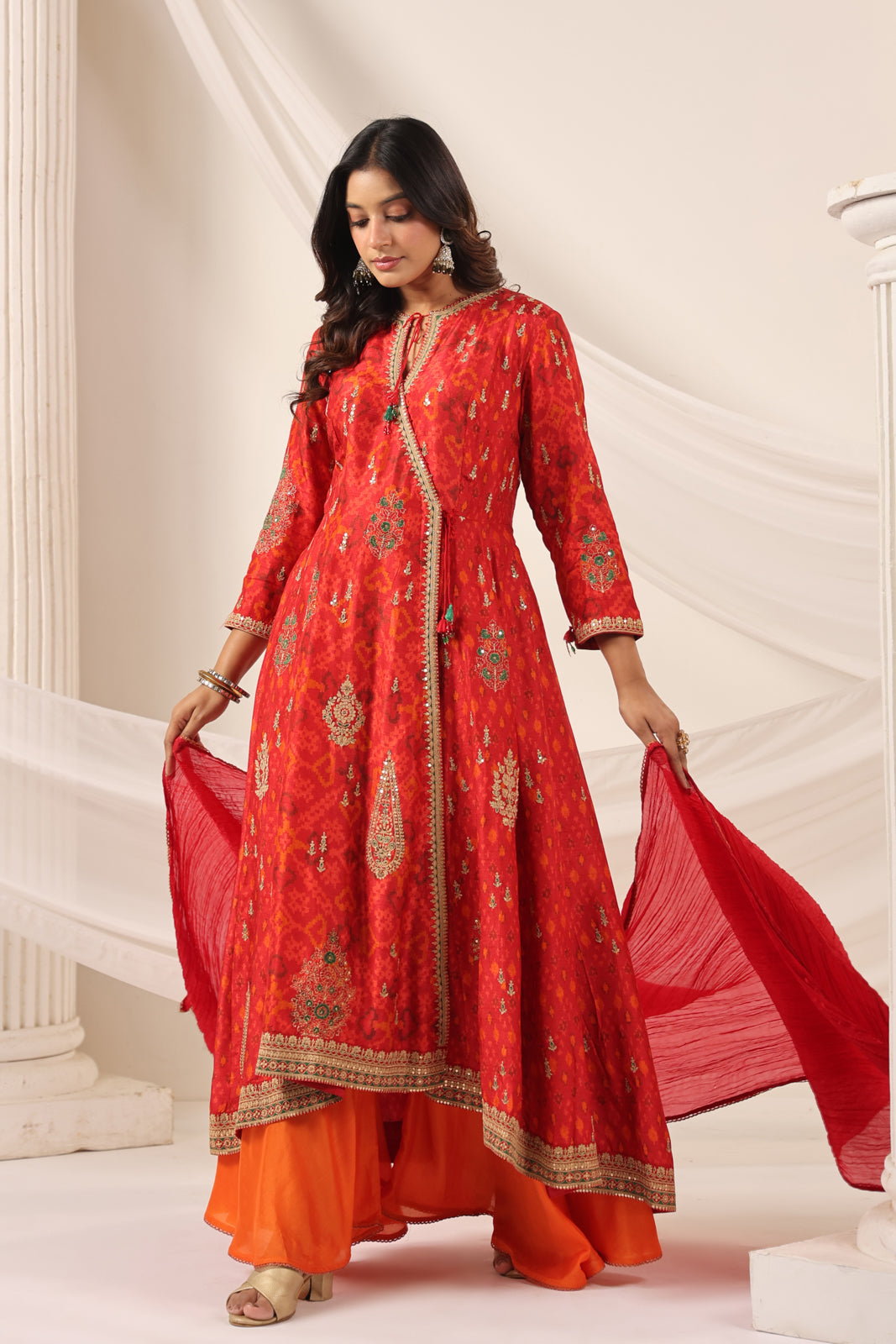 Red-Orange Raw Silk Anarkali Salwar Suit With Elegant Embroidery & Palazzo Pant
