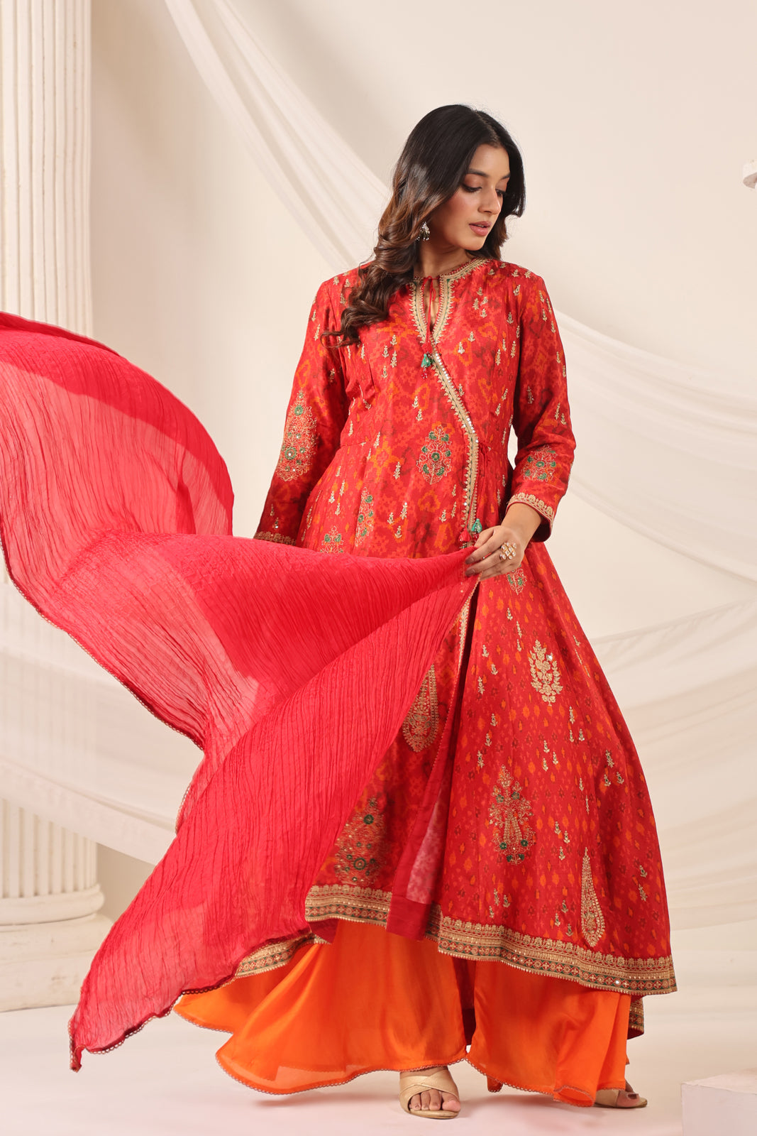 Red-Orange Raw Silk Anarkali Salwar Suit With Elegant Embroidery & Palazzo Pant