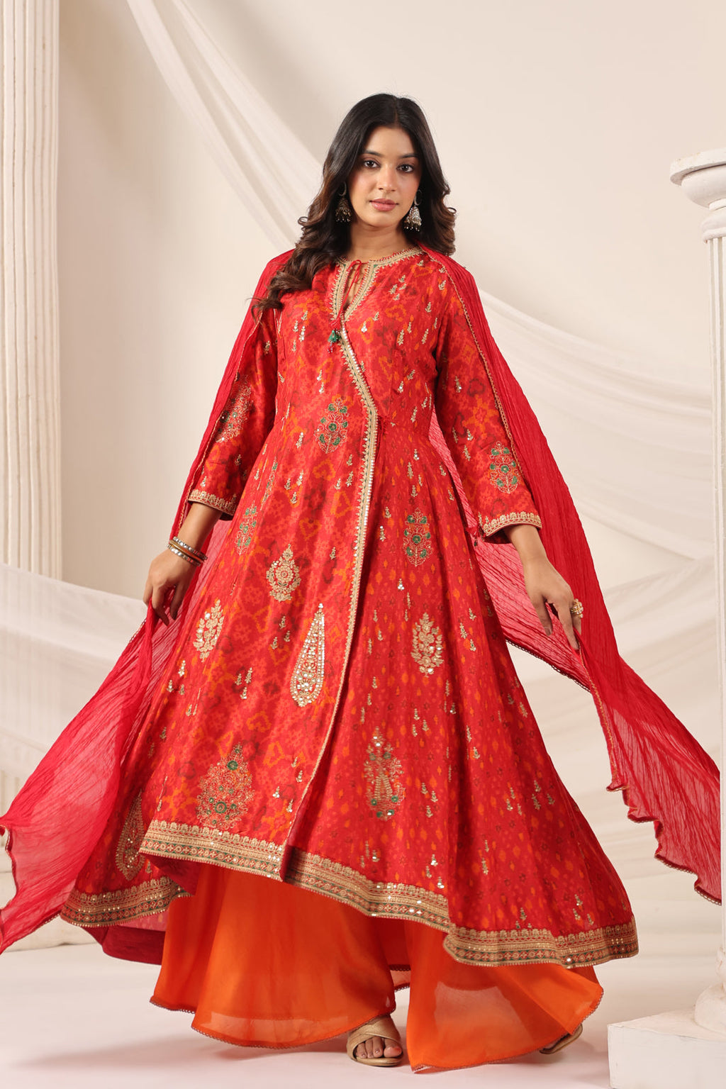 Red-Orange Raw Silk Anarkali Salwar Suit With Elegant Embroidery & Palazzo Pant