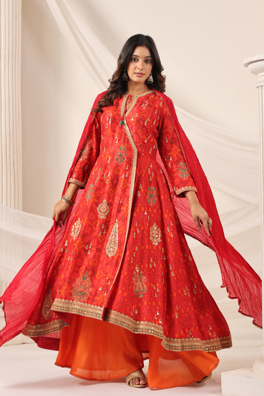 Red-Orange Raw Silk Anarkali Salwar Suit With Elegant Embroidery & Palazzo Pant