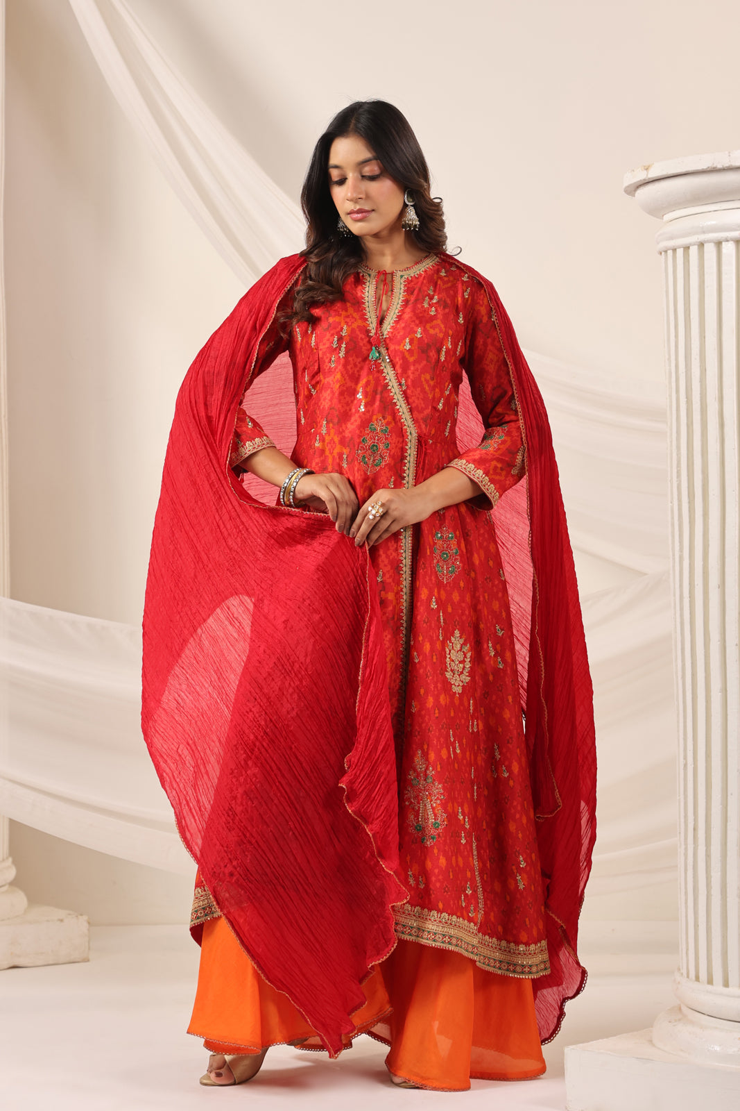Red-Orange Raw Silk Anarkali Salwar Suit With Elegant Embroidery & Palazzo Pant