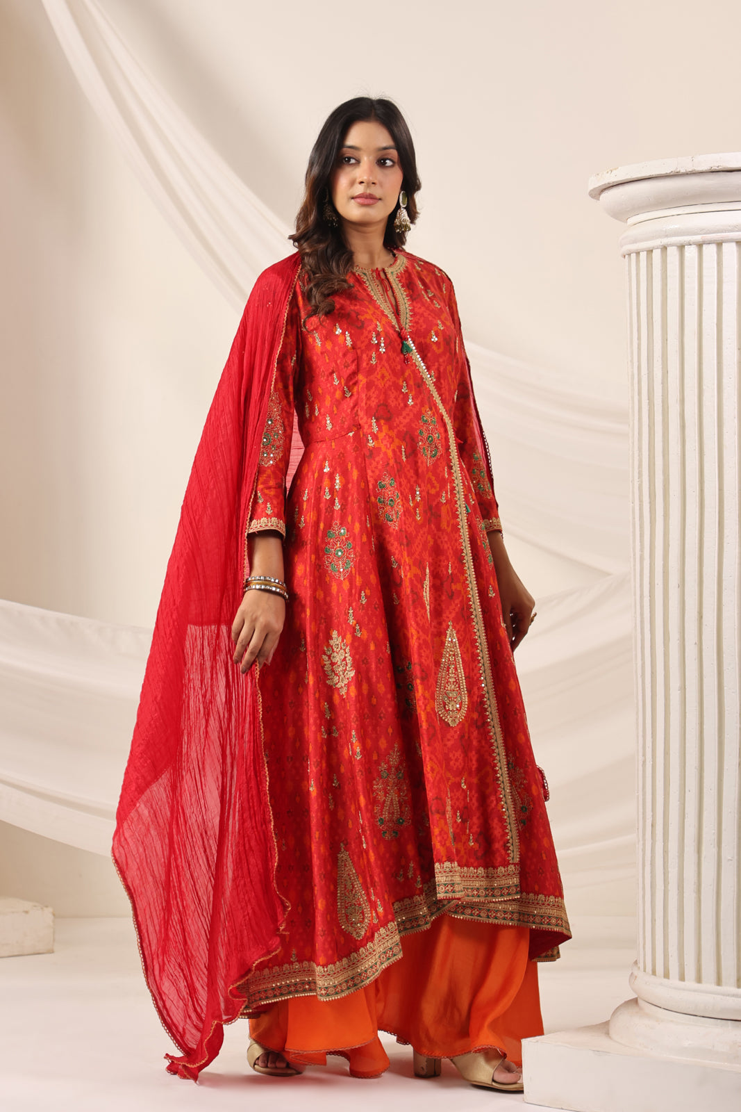 Red-Orange Raw Silk Anarkali Salwar Suit With Elegant Embroidery & Palazzo Pant