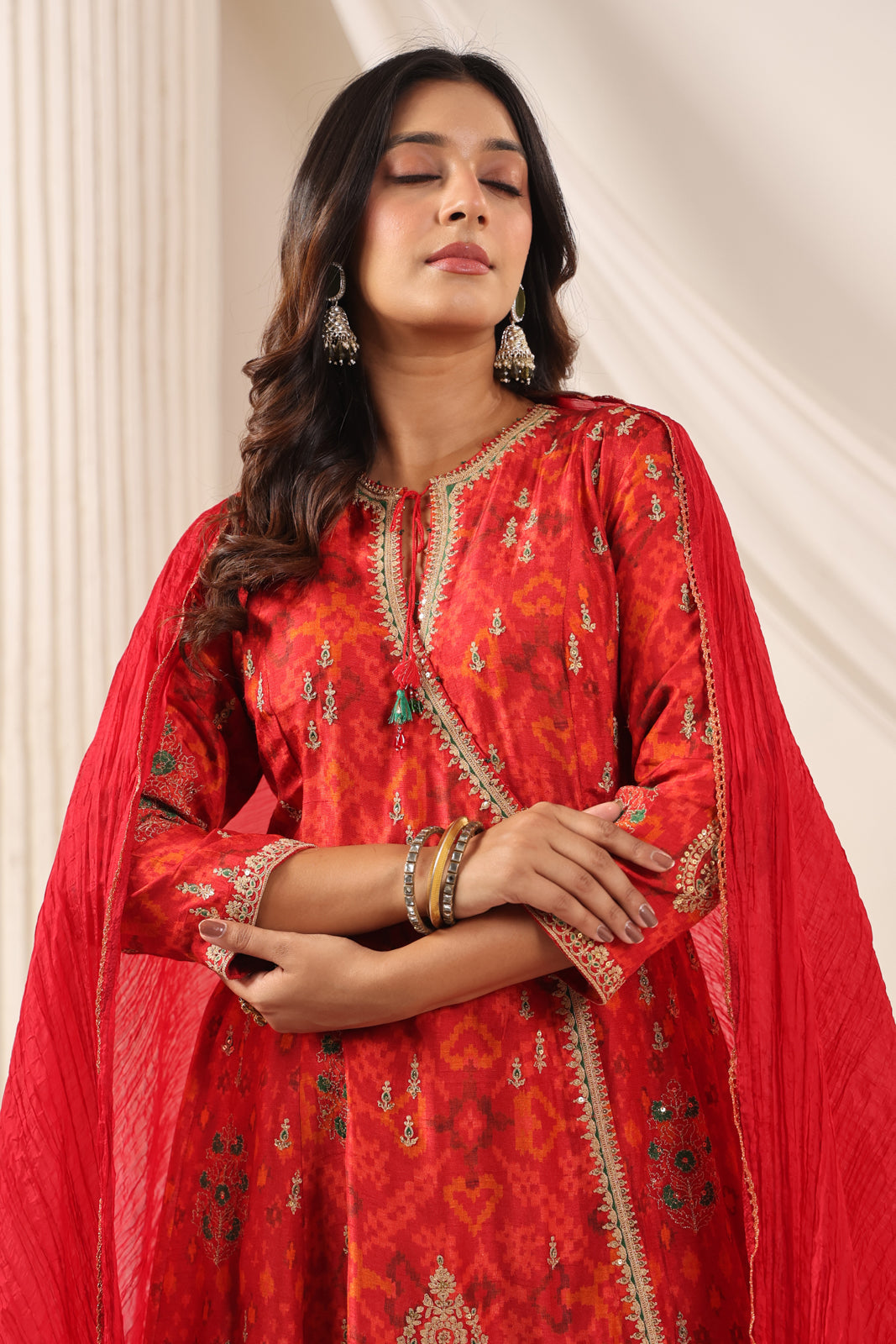 Red-Orange Raw Silk Anarkali Salwar Suit With Elegant Embroidery & Palazzo Pant