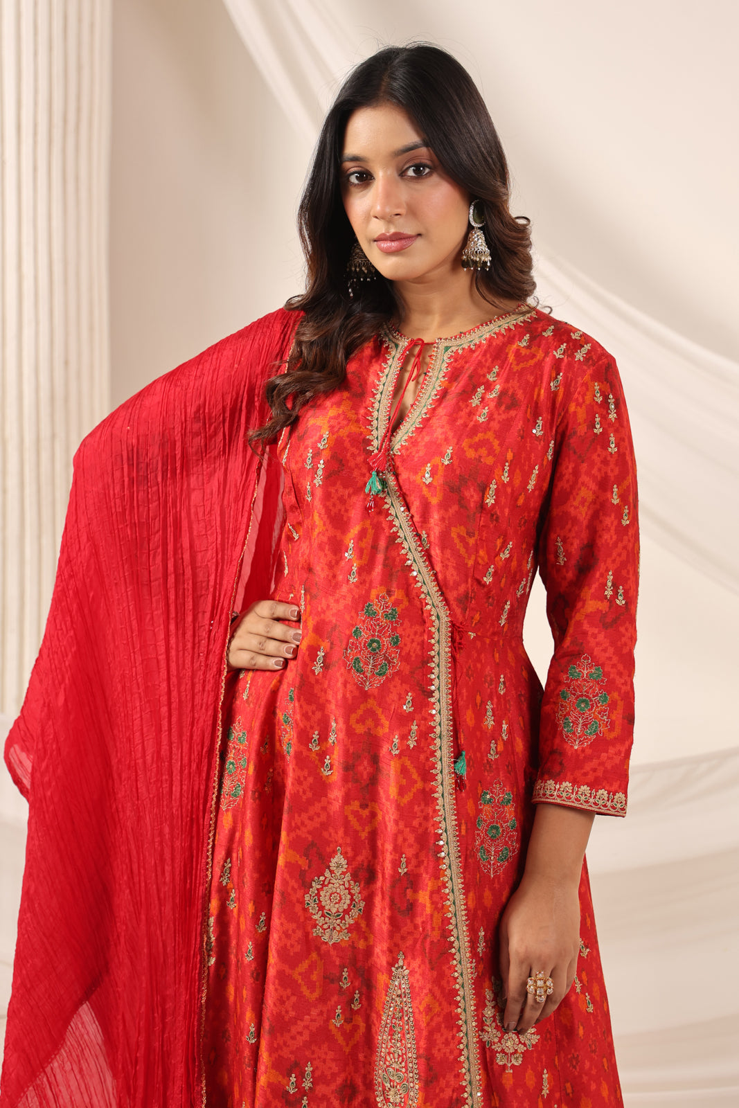 Red-Orange Raw Silk Anarkali Salwar Suit With Elegant Embroidery & Palazzo Pant