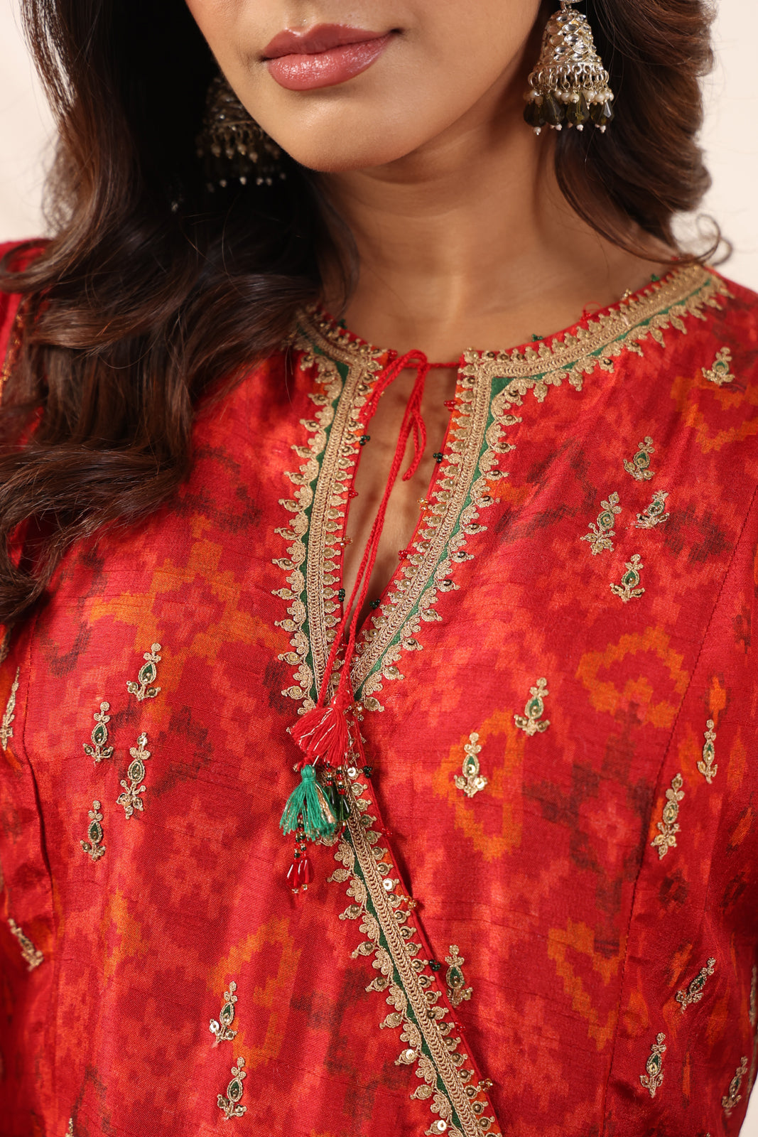 Red-Orange Raw Silk Anarkali Salwar Suit With Elegant Embroidery & Palazzo Pant