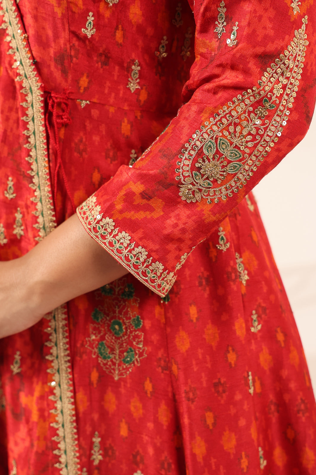 Red-Orange Raw Silk Anarkali Salwar Suit With Elegant Embroidery & Palazzo Pant